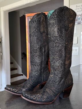 Corral LD Black/Gold Stamped Floral Suede Tall Top Boot